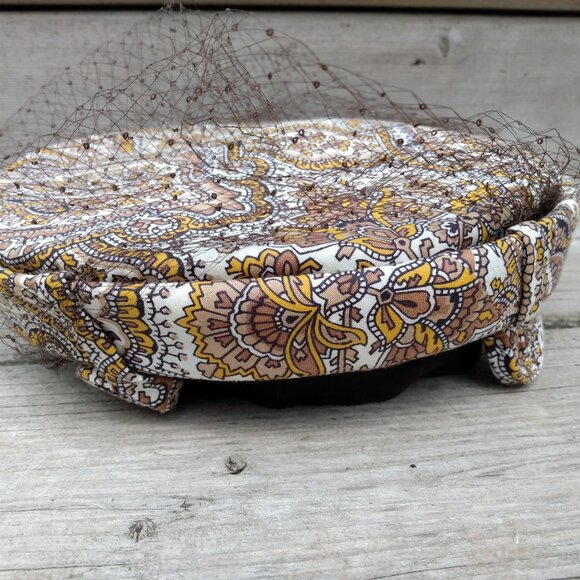 Vintage 50s Hat Brown Yellow Paisley Topper Netting Veil - Picture 4 of 10